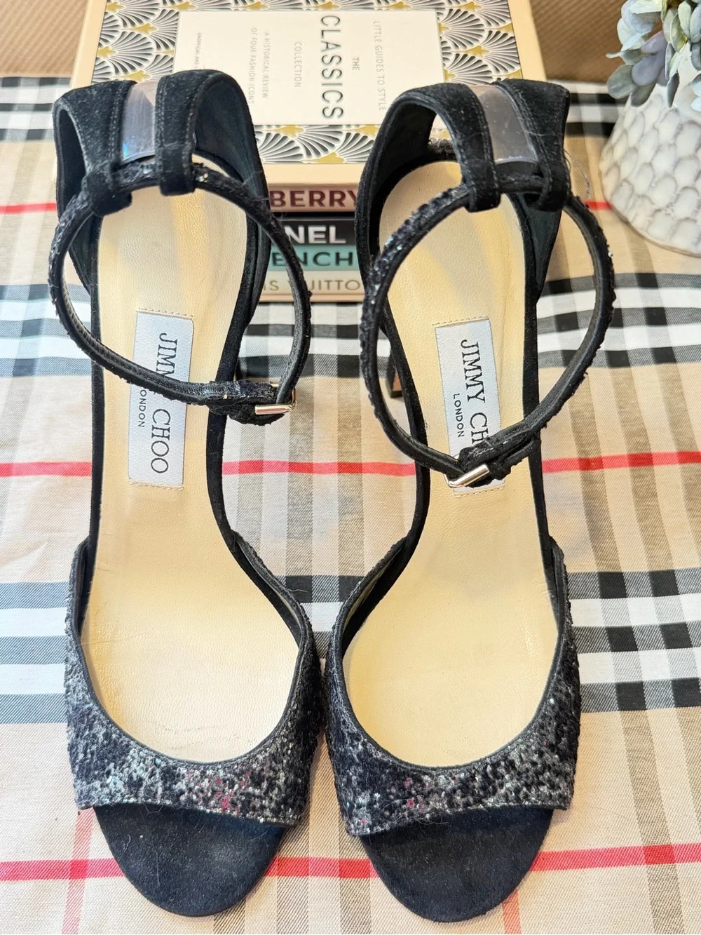 Jimmy Choo Black Glitter Ankle-Strap Stiletto Heels